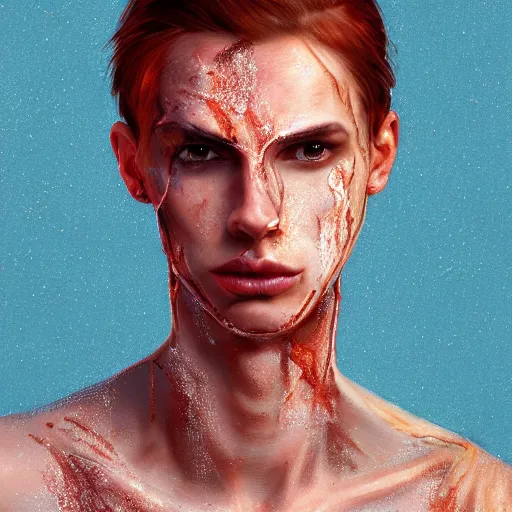 Image similar to portrait of a thin young man with long red hair, ponytail, a big scars, big gash on face, freckles on his face, an earring, intricate, elegant, glowing lights, highly detailed, digital painting, artstation, concept art, smooth, sharp focus, illustration