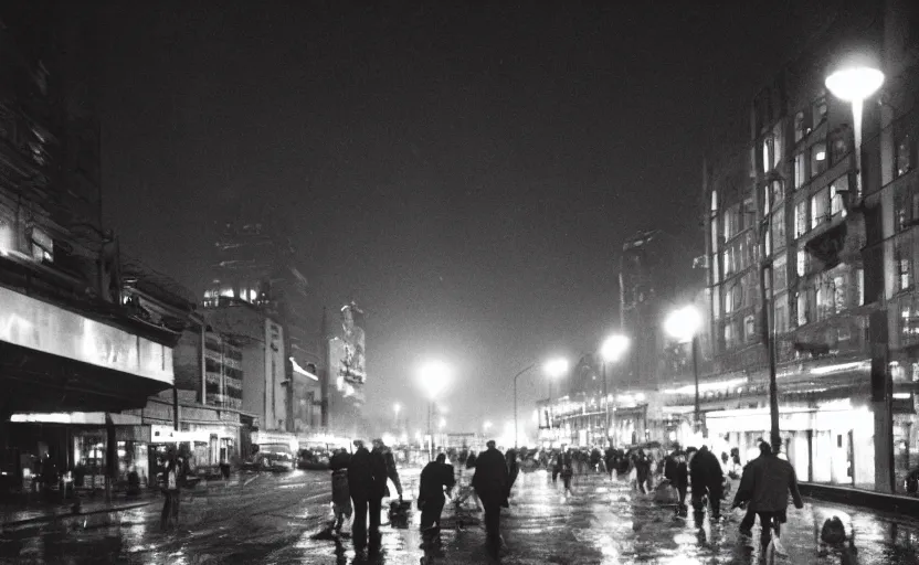 Image similar to 70s movie still of a soviet street with pedestrians with soviet high rise in the backround , Cinestill 800t 18mm beuatiful black and white, heavy grainy picture, very detailed, high quality, 4k panoramic, dramatic lightning, neon billboards and streetlight at night, rain, mud, foggy