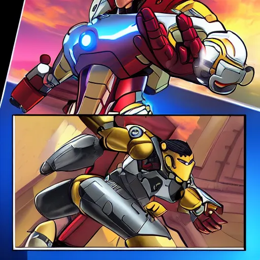 Prompt: ironman fighting pharah from overwatch