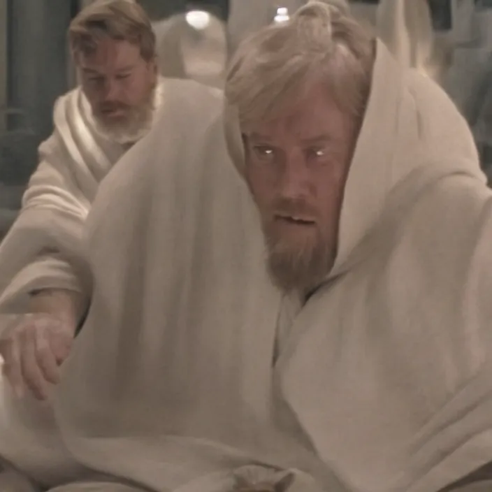 Image similar to obi wan kenobi but obese!!, photoralistic rendering, movie still, screenshot, hyperdetailed