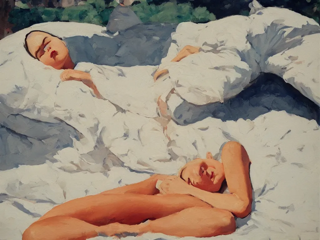 Prompt: sleeping lady in a heatwave, oil painting by coby whitmore