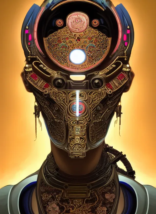 Image similar to portrait of a cyberpunk machine, machine face, upper half portrait, decorated with chinese opera motifs, asian, fine china, traditional chinese art, intricate, elegant, highly detailed, symmetry, headpiece, digital painting, artstation, concept art, smooth, sharp focus, illustration, art by artgerm and greg rutkowski and alphonse mucha, 8 k