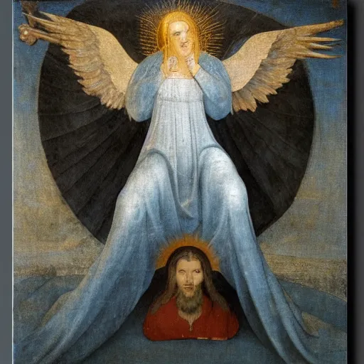 Image similar to realistic medieval painting portrait of white angel with clean narrow face like noface, 3 / 4, miracle light coming up from the head up and up, misty space, grace and blessing, by hieronymus bosch, by leonardo da vinci, by theophanes the greek, by andrei rublev, renaissance, christianity, marble stone, glow effect, white background