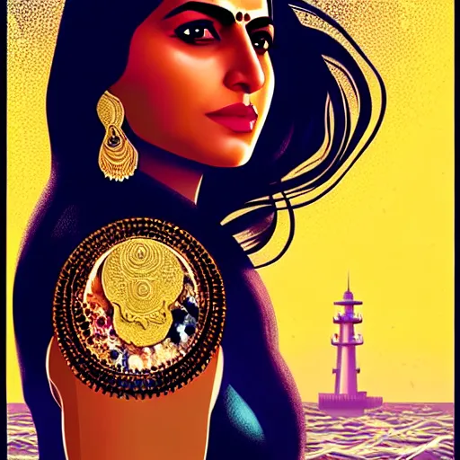 Image similar to portrait of a pakistani woman :: side profile :: blood :: background sea :: intricate details :: gold :: oxygen implant :: 8k :: MARVEL comics and Sandra Chevrier