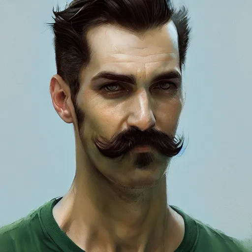 Image similar to portrait of a man with green eyes,brown undercut hair,thin moustache,digital art,realistic,detailed,art by greg rutkowski