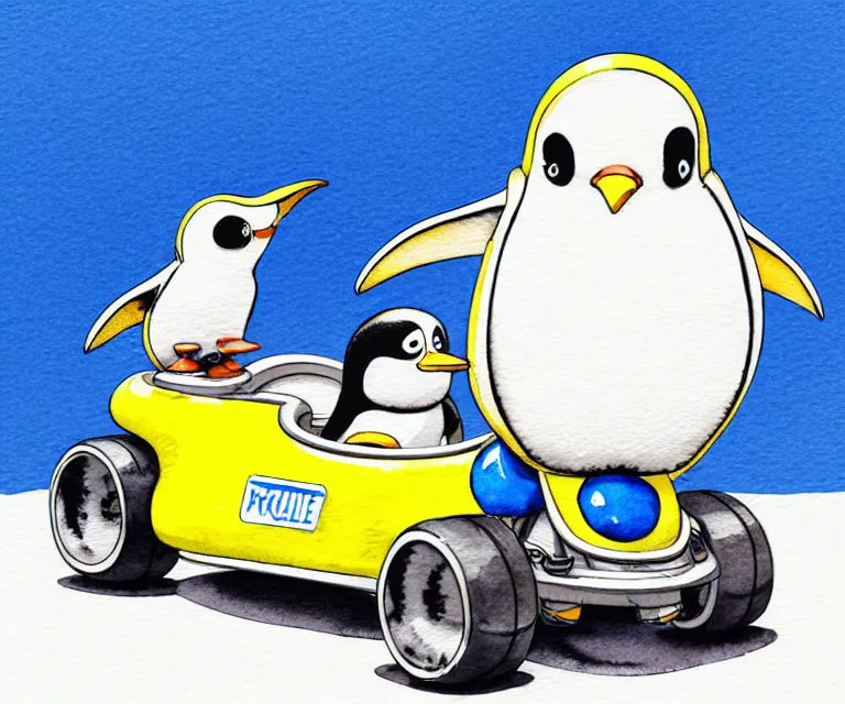 Image similar to cute and funny, penguin wearing a helmet riding in a tiny go kart with an oversized engine, ratfink style by ed roth, centered award winning watercolor pen illustration, isometric illustration by chihiro iwasaki, edited by range murata, tiny details by artgerm and watercolor girl, symmetrically isometrically centered, sharply focused