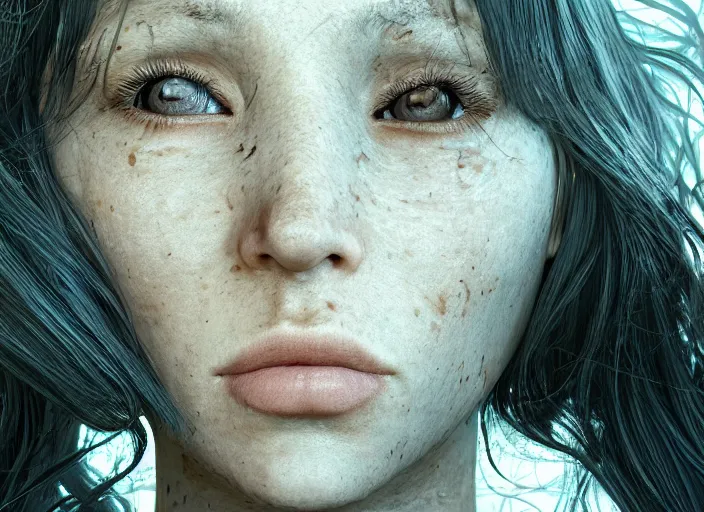 Image similar to a female looking directly while her left eye is closed and the other right eye is wide open, horror, dark, naturel, hyper detailed, digital art, trending in artstation, cinematic lighting, studio quality, smooth render, unreal engine 5 rendered, octane rendered, art style by klimt and nixeu and ian sprigger and wlop and krenz cushart