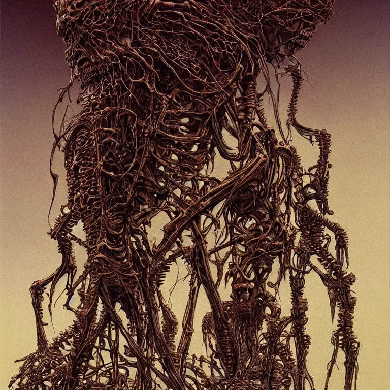 Image similar to organic cyborg alien skeleton alien centipede planet face style of peter gric zdzislaw beksinski surrealism poster art