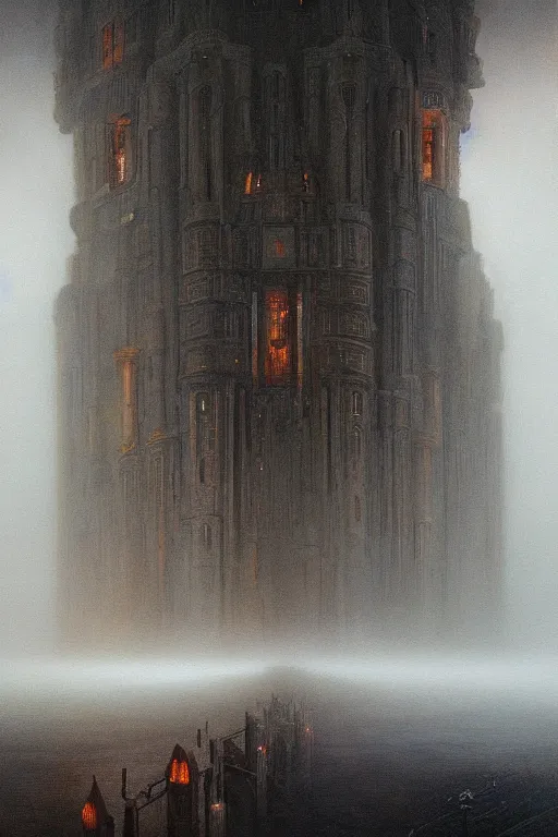 Prompt: beautiful oil clean painting of biomechanical citadel of the broken dreams covered in fog, wayne barlowe, rembrandt, complex, stunning, 4 k, high res, awardwinning, masterpiece, realistic lighting, god rays