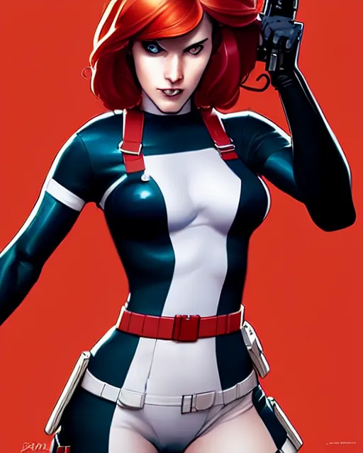 Prompt: phil noto comicbook cover art, artgerm, female domino marvel, black spot right eye, symmetrical eyes, long red hair, full body, city rooftop