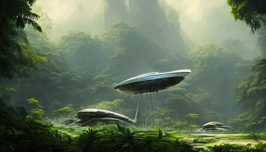 Prompt: a beautiful painting of odysseus spaceship in a lush jungle, ray traced lighting by kalin popov and greg rutkowski