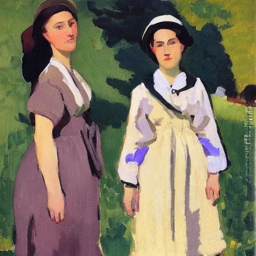 Image similar to a portrait of two beautiful sisters in a scenic environment by albert marquet