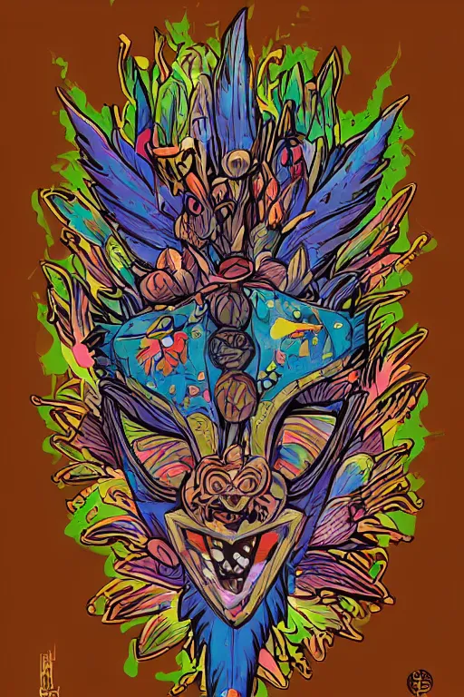 Image similar to animal mask totem roots flower tribal feather gemstone plant wood rock shaman vodoo video game vector cutout illustration vivid multicolor borderlands comics by josan gonzales and dan mumford radiating a glowing aura