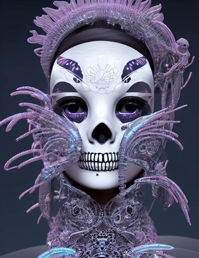 Image similar to 3 d goddess close - up profile simple portrait cybernetic with skull. beautiful intricately detailed japanese crow kitsune mask and clasical japanese kimono. betta fish, jellyfish phoenix, bio luminescent, plasma, ice, water, wind, creature, artwork by tooth wu and wlop and beeple and greg rutkowski