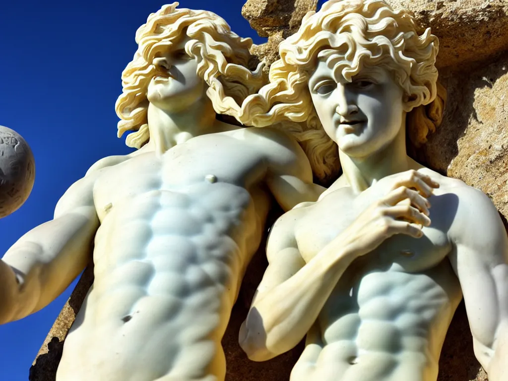 Prompt: close up photograph of an alabaster statue of the greek god of the sea holding a golden orb