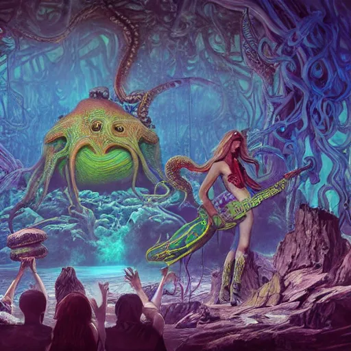 Image similar to dystopian fantasy undersea rock concert. On stage, the drummer is Cthulhu squid woman with tentacles playing a big rock&roll drum kit, by Philipp A. Urlich and Pengzhen Zhang an Andreas Rocha, fantasy, intricate, elegant, highly detailed, digital painting, artstation, blender, unreal engine 5, octane render, smooth, sharp focus, illustration