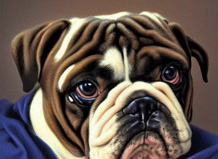 Prompt: baroque rococo painting The Royal Bulldog portrait Greg Hildebrandt high detail pastel cute puppy