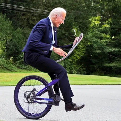 Prompt: a photograph of joe biden riding a unicycle