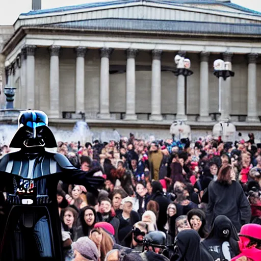 Image similar to darth vader fighting for removing tax on tampons, in trafalgar square