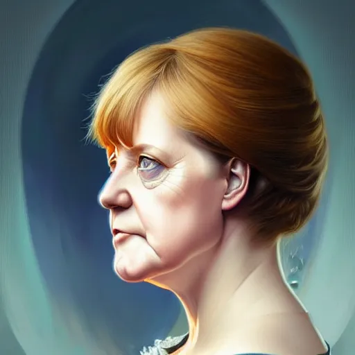 Image similar to Portrait of Angela Merkel, D&D, blue eyes, face, fantasy, intricate, elegant, highly detailed, digital painting, artstation, concept art, smooth, sharp focus, illustration, art by artgerm and greg rutkowski and alphonse mucha