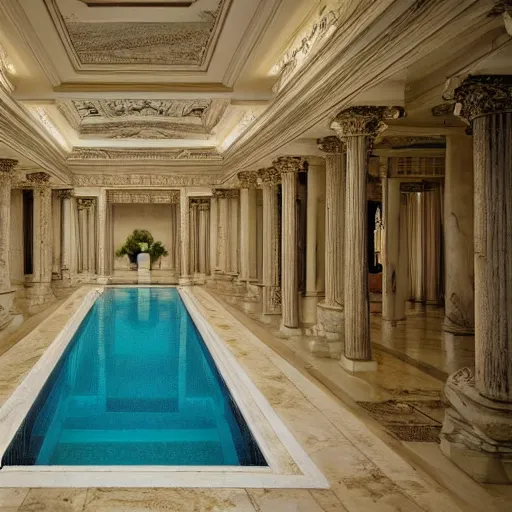 Prompt: Interior of a pool with white marble walls, renaissance statutes and a few palm trees, vaporware atmosphere, liminal vibes