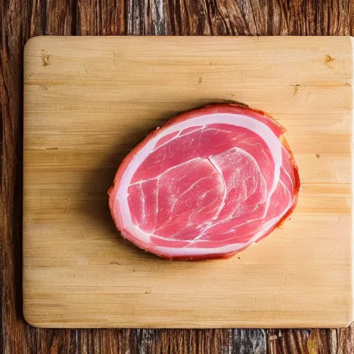 Prompt: a piece of ham stapled to a pink wooden board