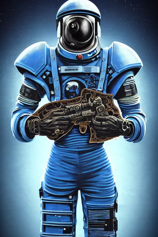 Image similar to a portrait of a muscular anthropomorphic cyberpunk blue iguana space mechanic in spacesuit armor with ensignia on chest plate by sandra chevrier, by jon foster, detailed render, pistol in holster, tape deck, epic composition, cybernetics, 4 k realistic, cryengine, realistic shaded lighting, sharp focus, masterpiece, by enki bilal