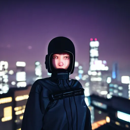 Prompt: photographic portrait of a techwear woman, closeup, on the rooftop of a futuristic city at night, sigma 85mm f/1.4, 4k, depth of field, high resolution, 4k, 8k, hd, full color