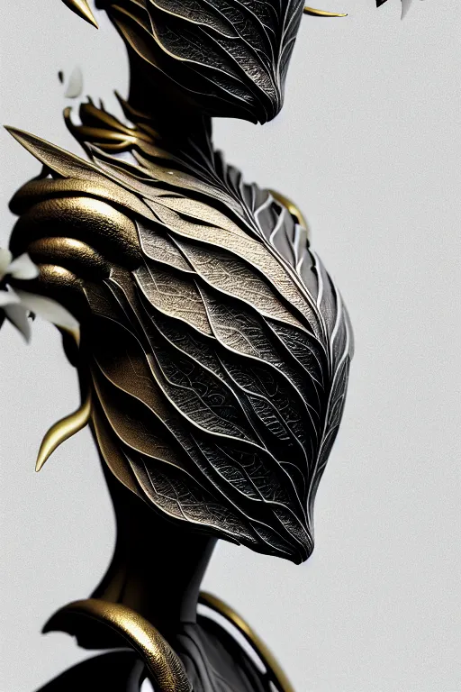 Image similar to monochrome close - up profile face, black background, beautiful young porcelain bio - mechanical vegetal - dragon - cyborg - female, white metallic armour, silver gold details, magnolia leaves and stems, roots, mandelbot fractal, 1 5 0 mm, beautiful natural soft rim light, elegant, hyper real, ultra detailed, octane render, 1 6 k