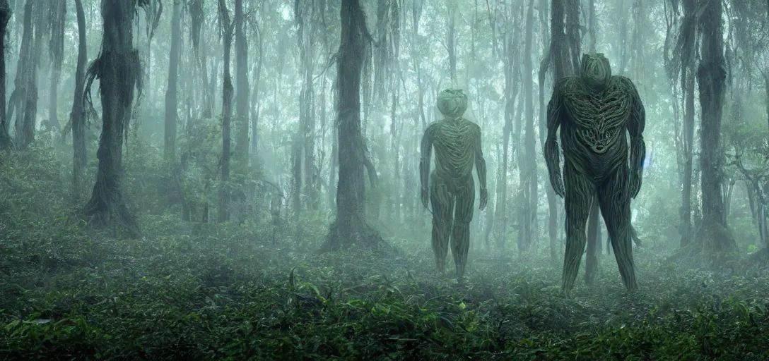 Image similar to a complex organic fractal 3 d metallic symbiotic ceramic humanoid megastructure creature in a swampy lush forest, foggy, cinematic shot, photo still from movie by denis villeneuve