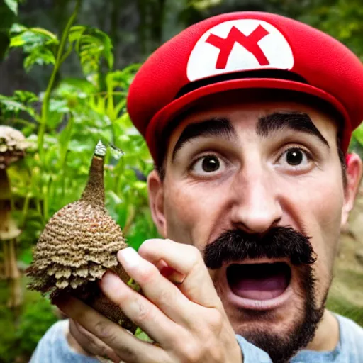 Prompt: photo of real life mario finding a giant amanita muscaria, exhilarated, portrait, closeup. mouth open, 3 0 mm, bokeh