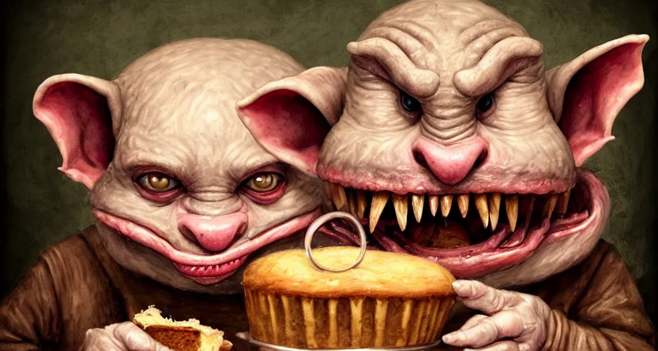 Prompt: closeup profile portrait of a medieval goblin eating cakes in the castle kitchen, nicoletta ceccoli, mark ryden, lostfish, max fleischer, hyper realistic, artstation, illustration, digital paint, matte paint, vivid colors, bright, cheerful, detailed and intricate environment