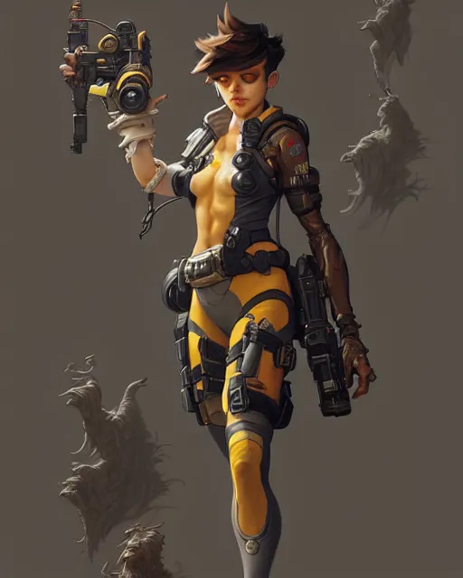Prompt: tracer from overwatch, character portrait, concept art, intricate details, highly detailed by greg rutkowski, michael whelan and gustave dore