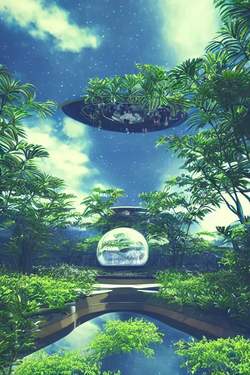 Image similar to multi level botanical garden spaceship floating in space, calm, tranquil, faded effect, detailed, vaporwave colors, render by substance designer