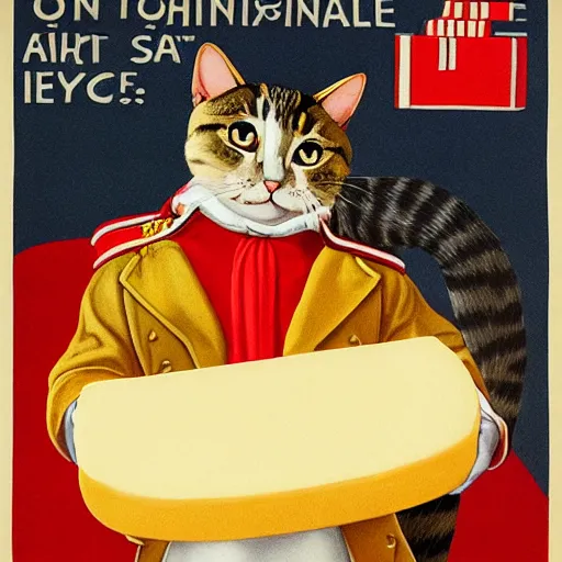 Image similar to a propaganda poster depicting a cat dressed as French emperor Napoleon holding a piece of cheese