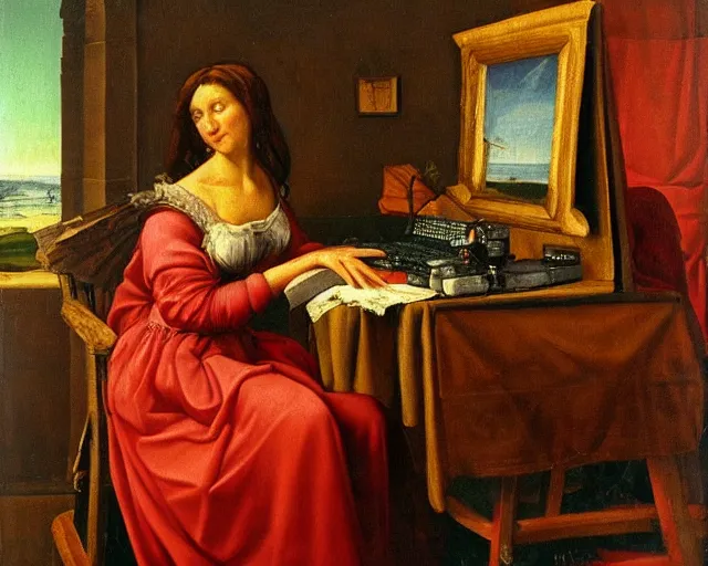 Image similar to realistic renaissance oil painting of a computer