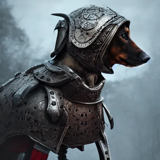 Prompt: warrior dachshund in armor, eerie, intricate, highly detailed, sorrow, dramatic, emotional, proud, matte painting, award - winning art, cold lighting, refractions, volumetric lighting, trending on artstation, digital art, 8 k