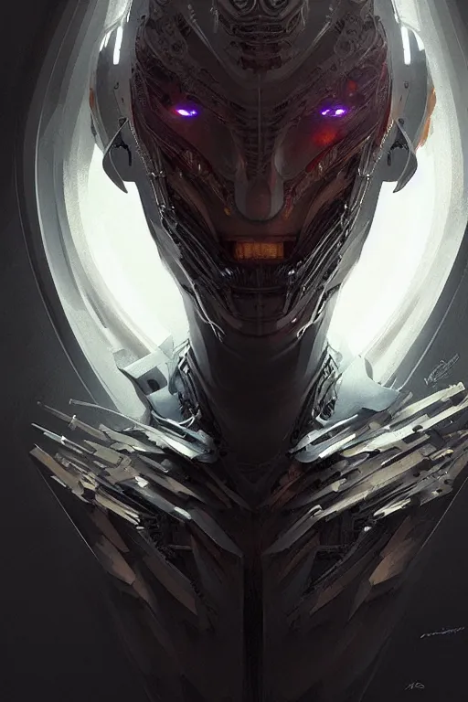 Image similar to professional concept art portrait of a predatory robotic species in a dark room by artgerm and greg rutkowski. an intricate, elegant, highly detailed digital painting, concept art, smooth, sharp focus, illustration, in the style of cam sykes, wayne barloweigor, kieryluk.