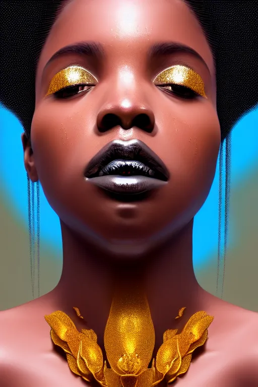 Prompt: hyperrealistic precisionist cinematic profile very expressive! black oshun goddess, in water! up to shoulders, mirror dripping droplet!, gold flowers, highly detailed face, digital art masterpiece, smooth eric zener cam de leon, dramatic pearlescent turquoise light on one side, low angle uhd 8 k f / 1 6 1 / 1 5 s
