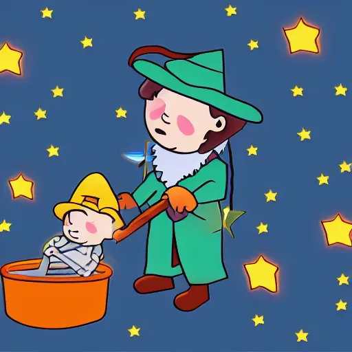 Prompt: a wizard in a hat with stars trying to vacuum up a child hiding under a bed