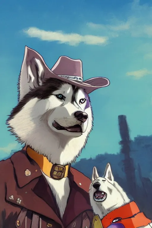 Prompt: a portrait painting of a husky in cowboy costume, wearing a cowboy hat, by [ studio ghibli ], in the style of anime, [ western film ], trending on artstation