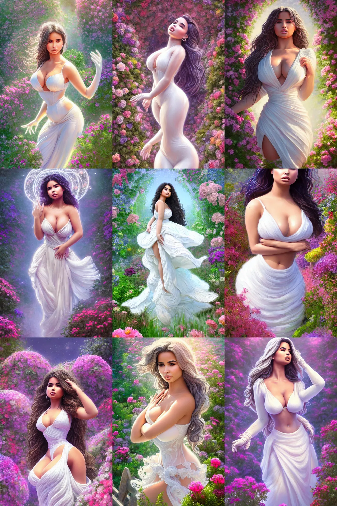 Prompt: clear portrait of demi rose, attractive, women, cottagecore, background hyper detailed flower garden, character concept, full body, dynamic pose, flowing gown, glowing lights!!, intricate, elegant, highly detailed, digital painting, artstation, smooth, lit from above, white marble sculpture by laocoon