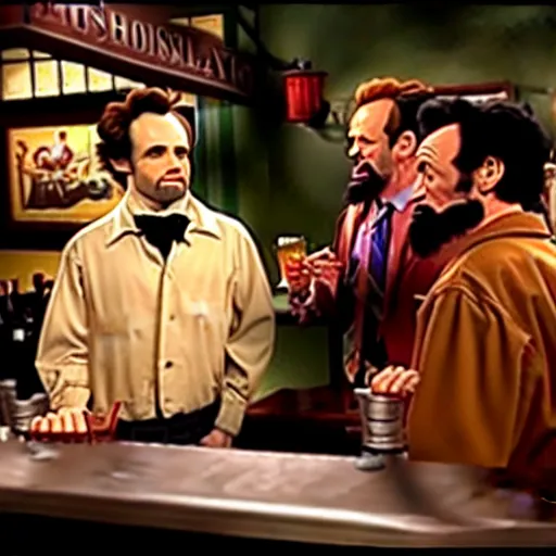 Image similar to The It's Always Sunny in Philadelphia episode where the gang meets Abe Lincoln Dee is there with Mac and so is Dennis they are at the bar, photo realistic, studio lighting, It's Always Sunny in Philadelphia