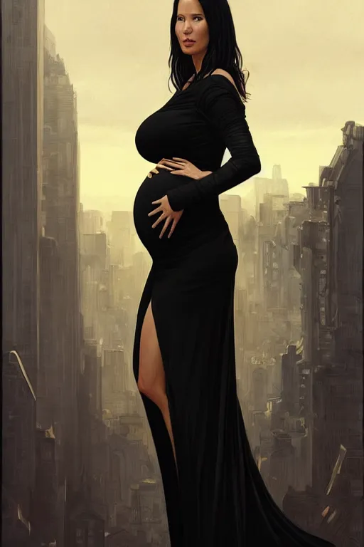 Prompt: pregnant olivia munn in a black dress, realistic portrait, symmetrical, highly detailed, digital painting, artstation, concept art, smooth, sharp focus, illustration, cinematic lighting, art by artgerm and greg rutkowski and alphonse mucha