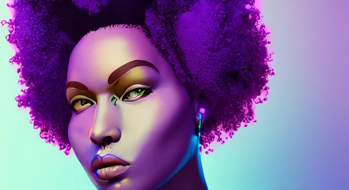 Image similar to portrait of beautiful cyberpunk black woman with afro hair, rio de janeiro pao de acucar corcovado ipanema on the background, blue and purple digital art trending on artstation, beeple, soft lighting, bokeh