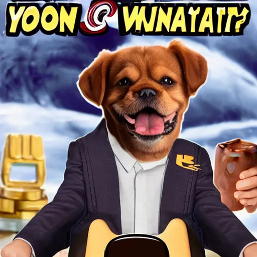Prompt: ron burgundy smiling riding a dog and drinking chocolate yoo - hoo