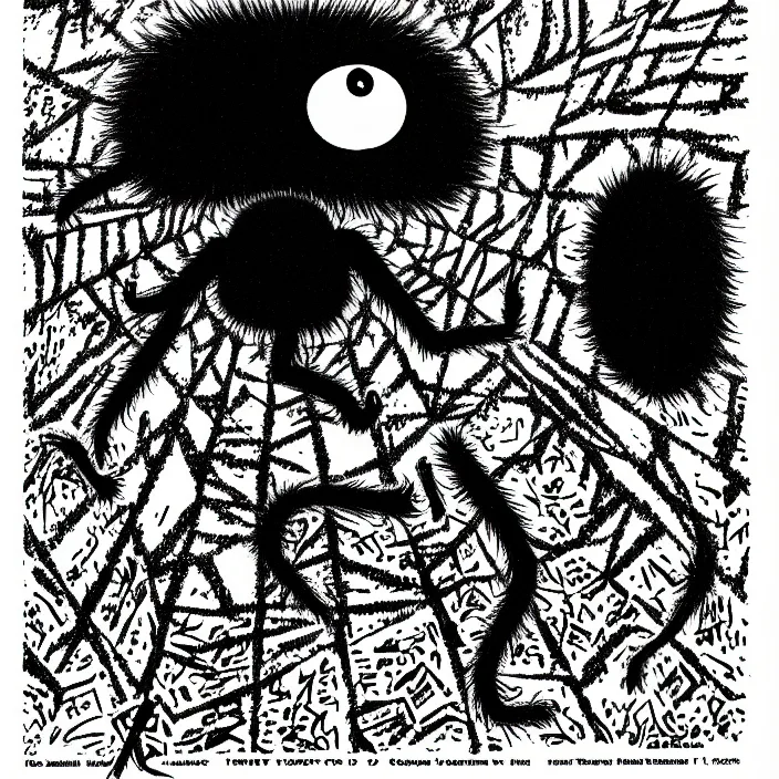 Prompt: a still frame from comic strip, black fluffy hairy furry spider on a clean background 1 9 5 0, herluf bidstrup, new yorker illustration, monochrome contrast bw, lineart, manga, tadanori yokoo, simplified,