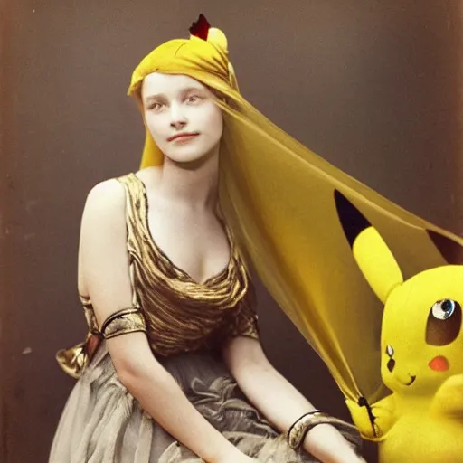 Image similar to elegant woman dressed up as pikachu, art photo by Annie Liebovitz and David Hamilton and Alphonse Mucha