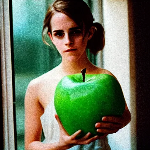 Image similar to Photograph of Emma Watson holding a green apple by the window. Golden hour, dramatic lighting. Medium shot. CineStill