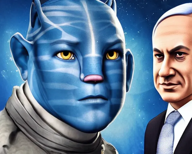 Image similar to a photo of benjamin netanyahu as a character in the avatar, hyper realistic face, beautiful eyes, cinematic, long shot, hyper detailed, 8 5 mm photograph, 8 k resolution, film still, sharp lens, wide lens